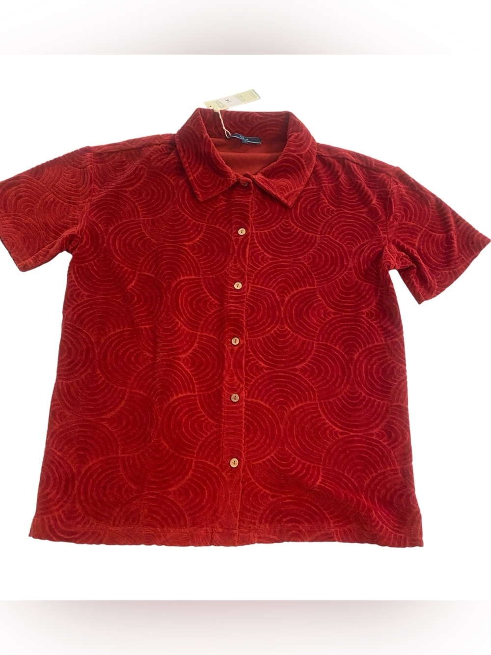 Men's Short Sleeve Red Burgundy Textured Button Up Terrycloth Shirt New S
